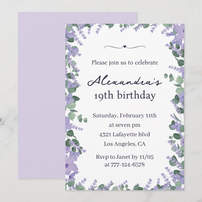 Invitaciones elegantes para cumpleaños 19 Floral P (Anverso / Reverso)