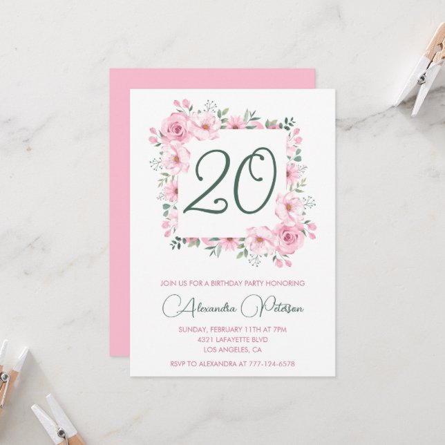 Invitaciones elegantes para cumpleaños 20 Floral R (Anverso/Reverso In Situ)