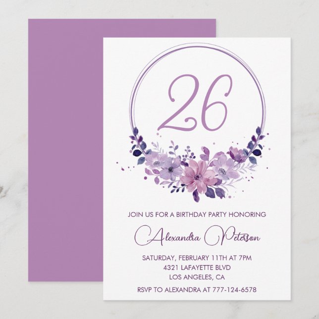 Invitaciones elegantes para cumpleaños 26 Floral P (Anverso / Reverso)