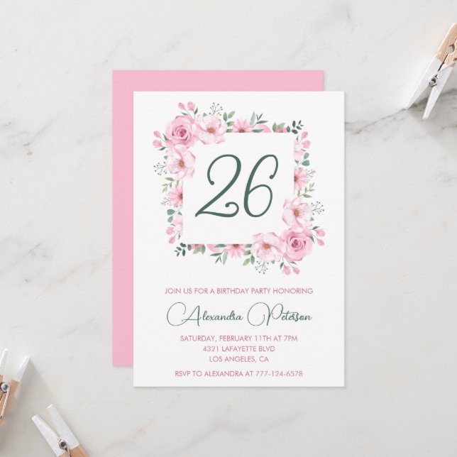 Invitaciones elegantes para cumpleaños 26 Floral R (Anverso/Reverso In Situ)
