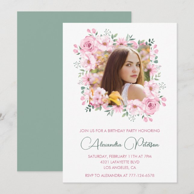 Invitaciones elegantes para cumpleaños 27 con foto (Anverso / Reverso)