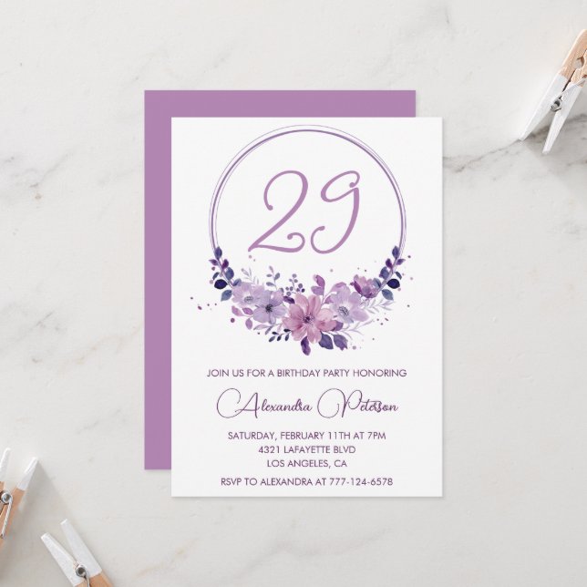 Invitaciones elegantes para cumpleaños 29 Floral P (Anverso/Reverso In Situ)