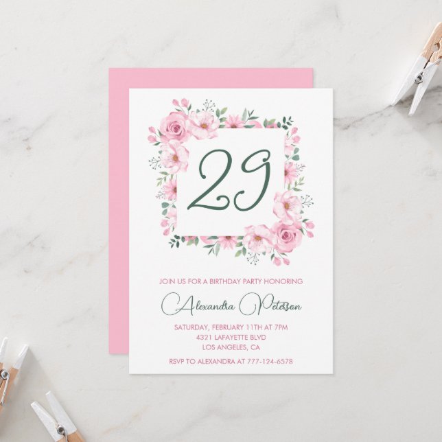 Invitaciones elegantes para cumpleaños 29 Floral R (Anverso/Reverso In Situ)