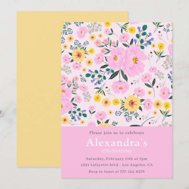 Invitaciones elegantes para cumpleaños 47 Floral C (Anverso / Reverso)