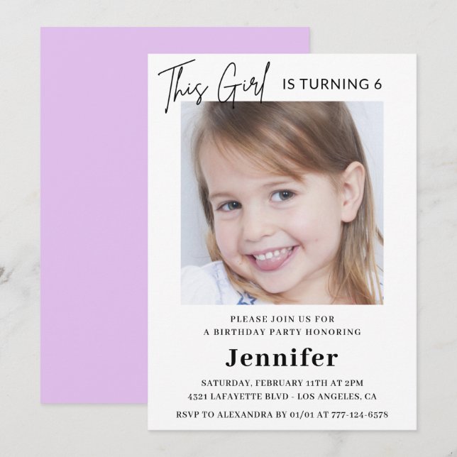 Invitaciones elegantes para cumpleaños 6 Foto Niña (Anverso / Reverso)