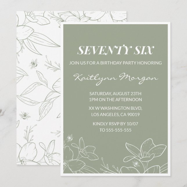 Invitaciones elegantes para cumpleaños 76 Floral V (Anverso / Reverso)