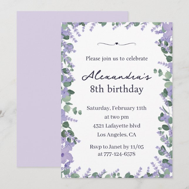 Invitaciones elegantes para cumpleaños 8 Floral Ma (Anverso / Reverso)