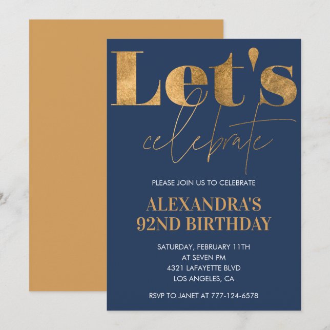Invitaciones elegantes para cumpleaños 92 Navy Azu (Anverso / Reverso)