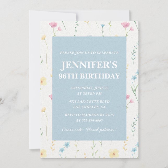 Invitaciones elegantes para cumpleaños 96 Floral B (Anverso)