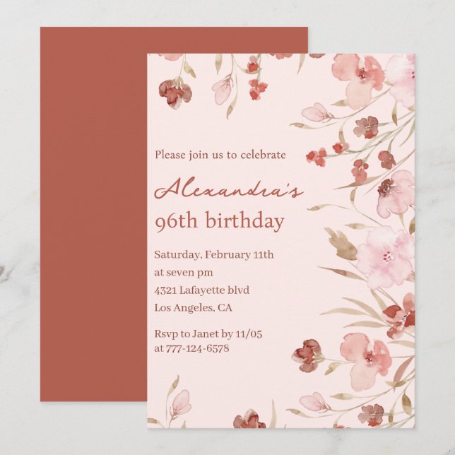 Invitaciones elegantes para cumpleaños 96 Floral C (Anverso / Reverso)