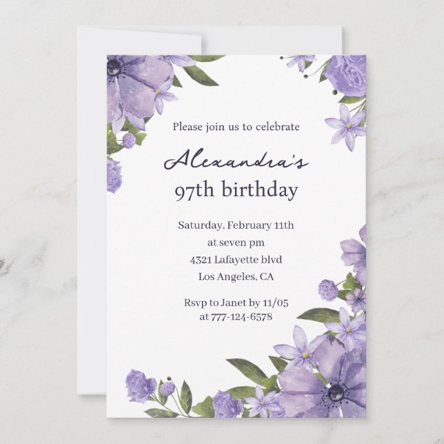 Invitaciones elegantes para cumpleaños 97 Boho púr (Anverso)