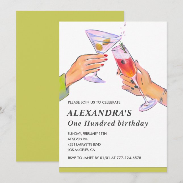 Invitaciones elegantes para cumpleaños número 100  (Anverso / Reverso)