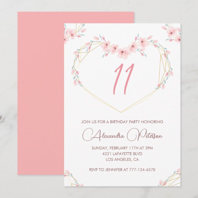 Invitaciones elegantes para cumpleaños número 11 F (Anverso / Reverso)