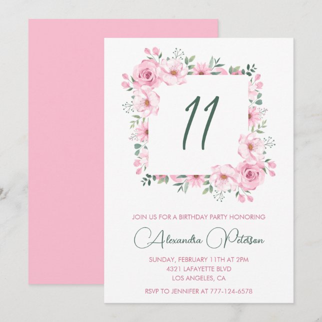 Invitaciones elegantes para cumpleaños número 11 F (Anverso / Reverso)