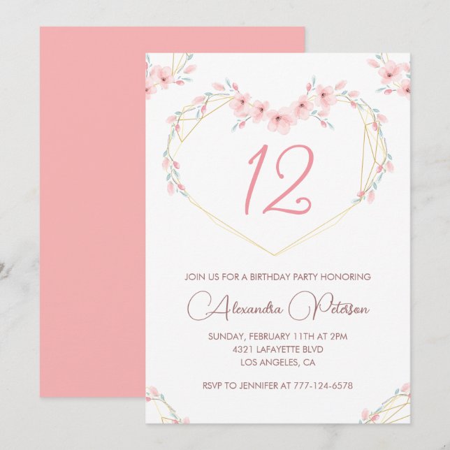 Invitaciones elegantes para cumpleaños número 12 F (Anverso / Reverso)