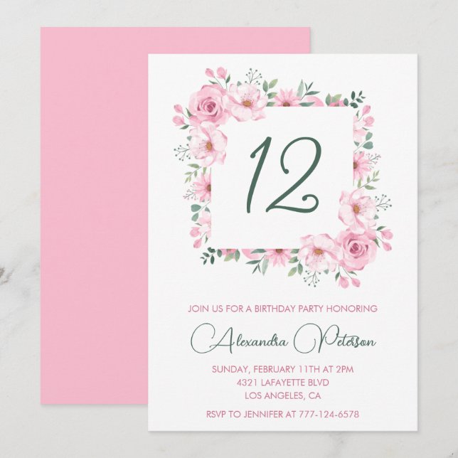 Invitaciones elegantes para cumpleaños número 12 F (Anverso / Reverso)
