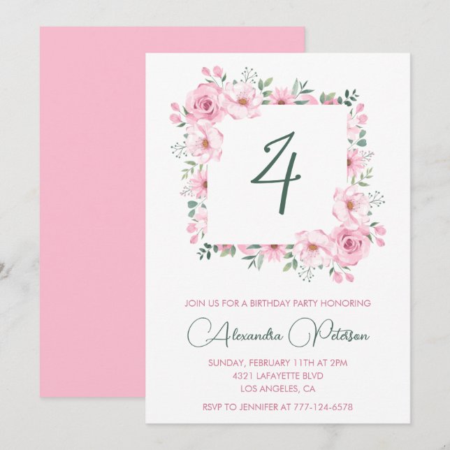 Invitaciones elegantes para cumpleaños número 4 Fl (Anverso / Reverso)