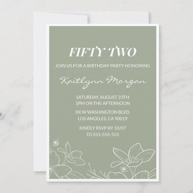 Invitaciones elegantes para cumpleaños número 52 F (Anverso)