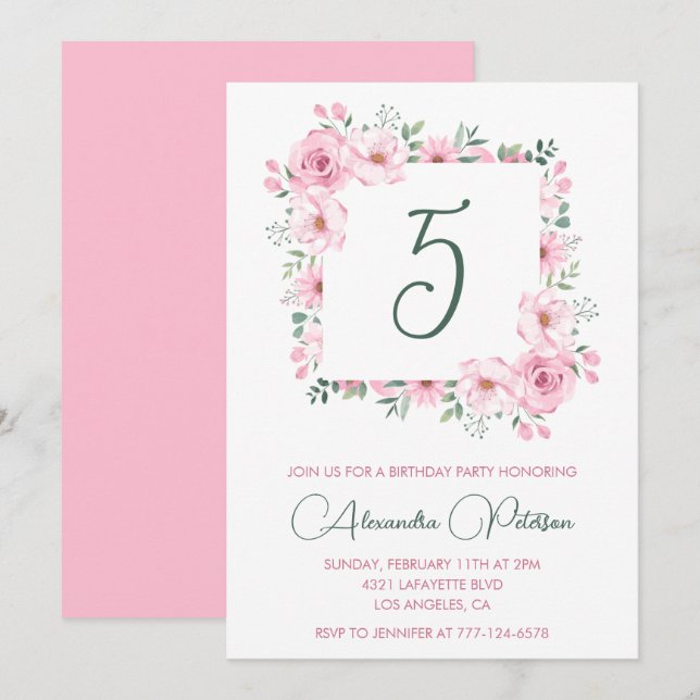 Invitaciones elegantes para cumpleaños número 5 Fl (Anverso / Reverso)