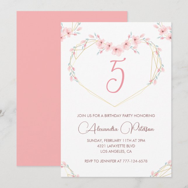 Invitaciones elegantes para cumpleaños número 5 Fl (Anverso / Reverso)