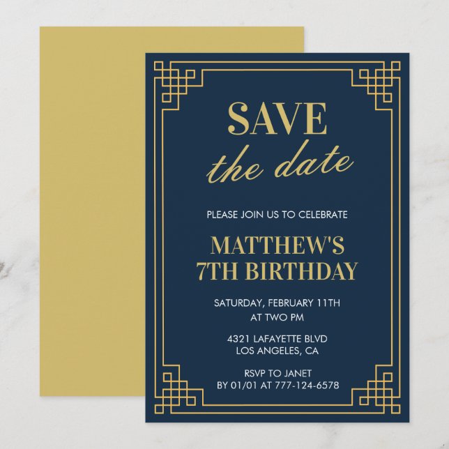 Invitaciones elegantes para cumpleaños número 7 de (Anverso / Reverso)