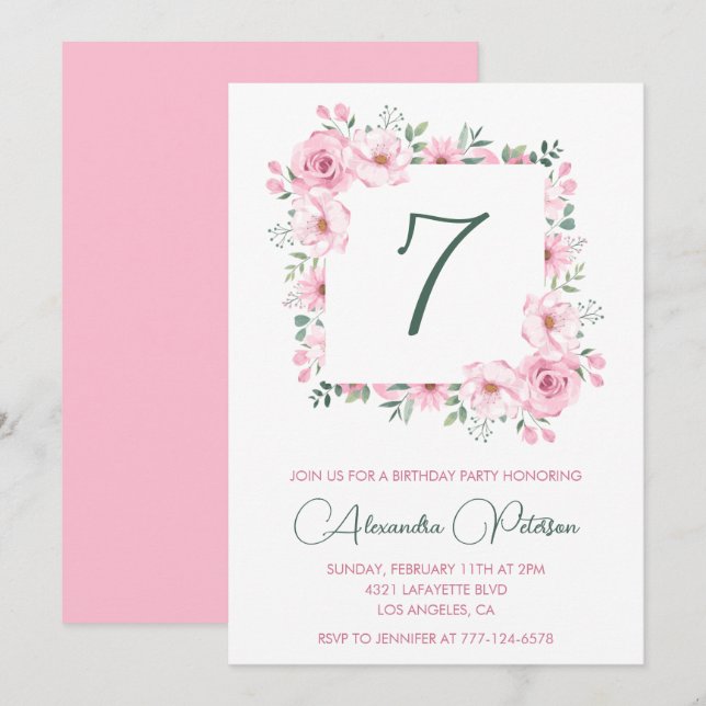Invitaciones elegantes para cumpleaños número 7 Fl (Anverso / Reverso)