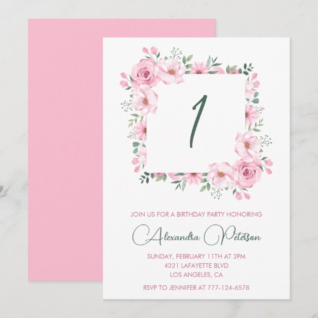 Invitaciones elegantes para el 1er cumpleaños Flor (Anverso / Reverso)