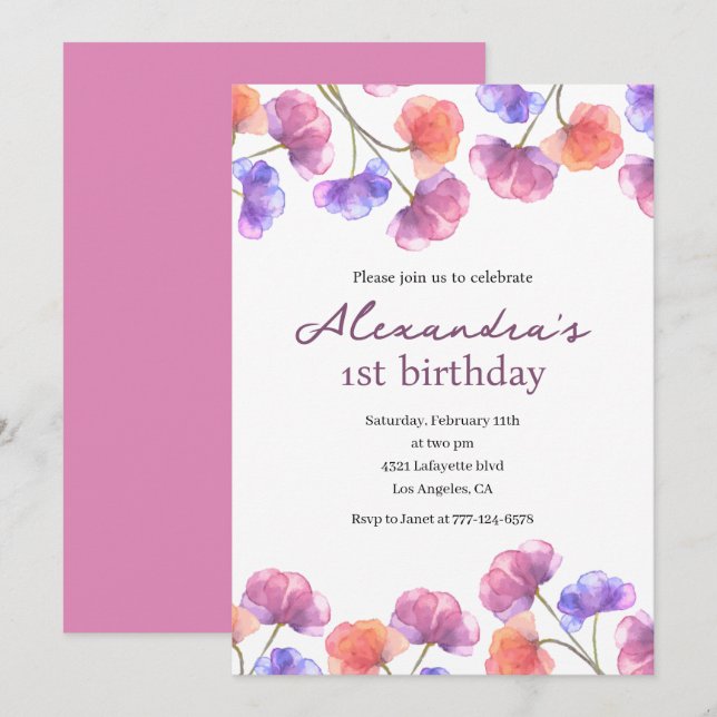 Invitaciones elegantes para el 1er cumpleaños Flor (Anverso / Reverso)