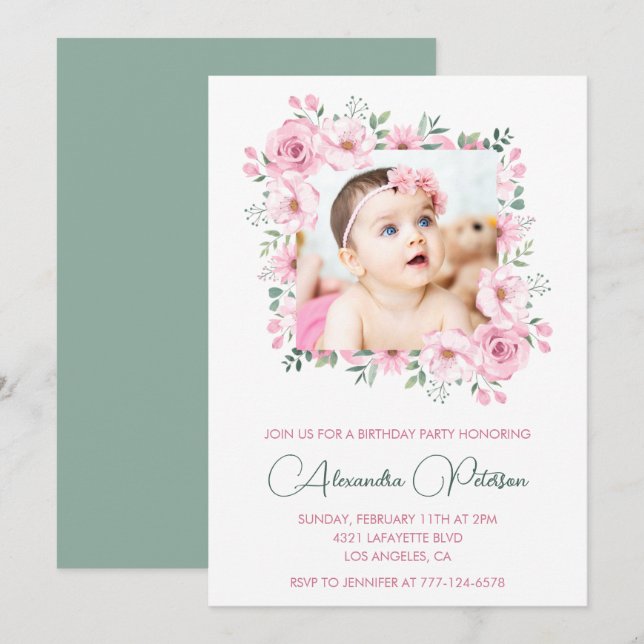 Invitaciones elegantes para el 1er cumpleaños Foto (Anverso / Reverso)