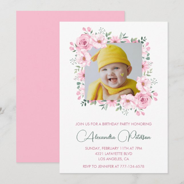 Invitaciones elegantes para el 1er cumpleaños Foto (Anverso / Reverso)