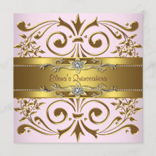 Invitaciones Elegantes Rosa y Doradas para Quincea