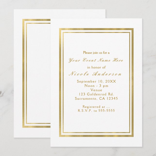 Invitaciones elegantes y chic de oro con hoja de p (Anverso / Reverso)