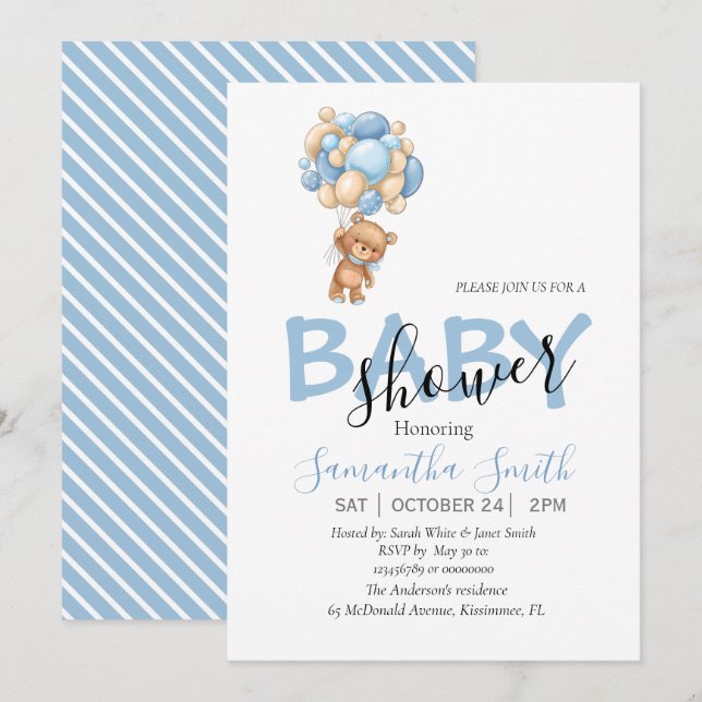 invitaciones en blanco azul de oso de peluche (Anverso / Reverso)