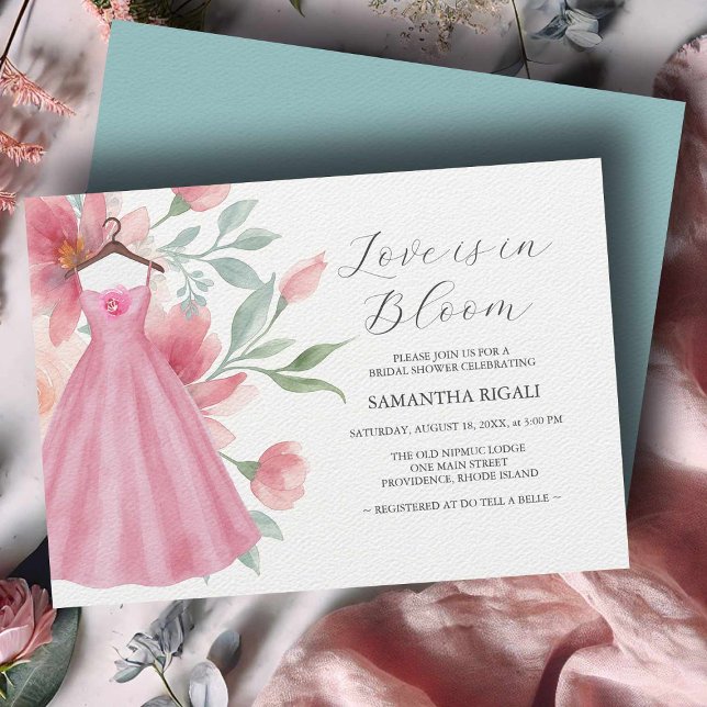 Invitaciones en línea a ducha de novia azul rosado (Bridal shower invitations watercolor pink dress and flowers by Victoria Grigaliunas Do Tell A Belle)