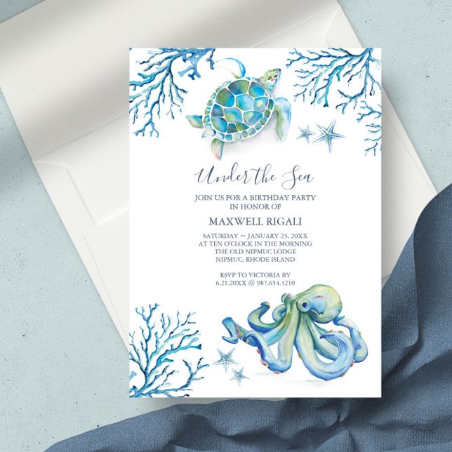 Invitaciones en línea de cumpleaños bajo el mar (Baby shower invitations under the sea watercolor art by Victoria Grigaliunas)