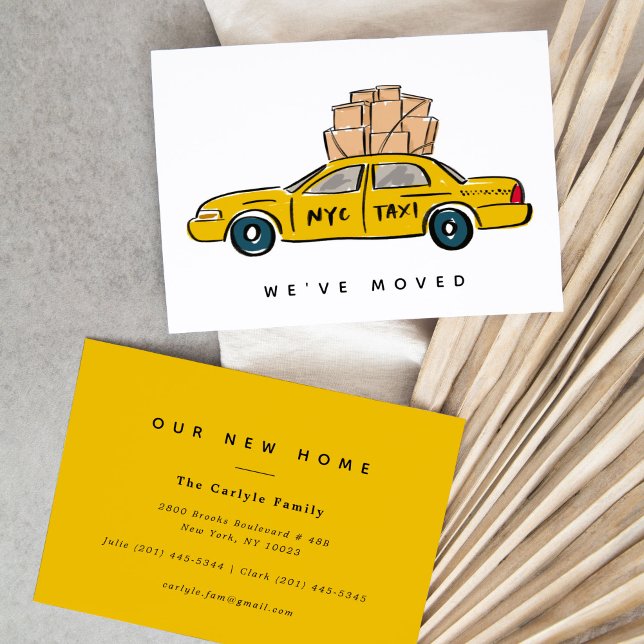 Invitaciones en movimiento de taxi amarillo de Nue (Hand-drawn NYC yellow taxi illustration for a New York City moving announcement card.)