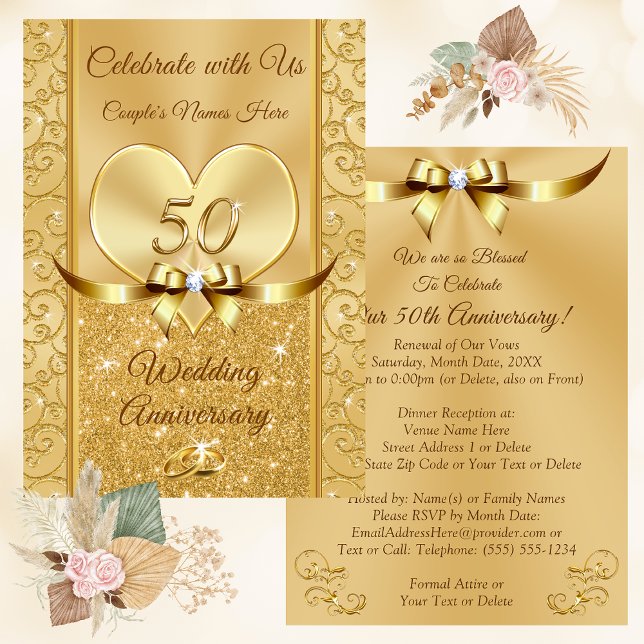 Invitaciones espléndidas, Bodas de oro al aniversa (50th Anniversary Vow Renewal Invitations. Beautiful, Golden Wedding Anniversary Invitations. )