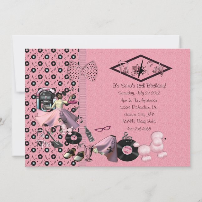 Invitaciones fabulosas del fiesta de los años 50 (Anverso)