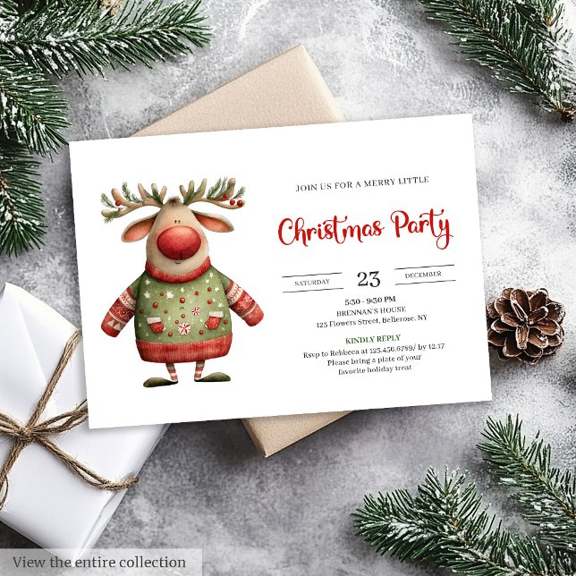 Invitaciones festivas modernas y extravagantes de  (Modern Quirky Reindeer festive printable invitation)