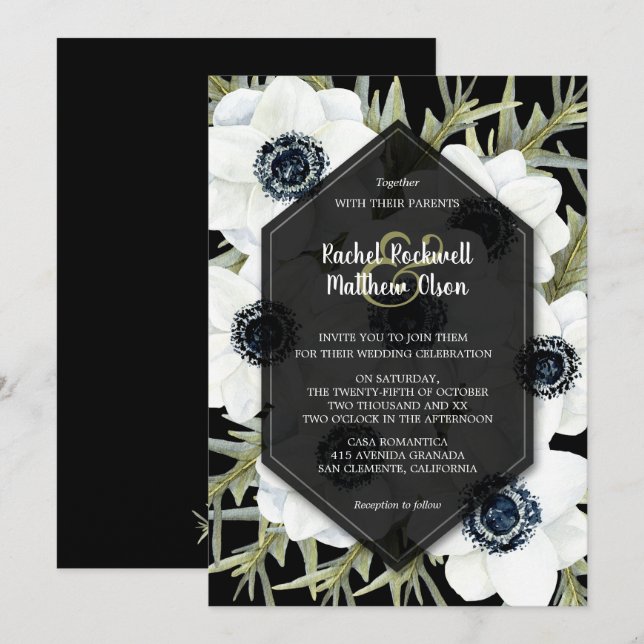 Invitaciones florales a la boda blanca y negra (Anverso / Reverso)