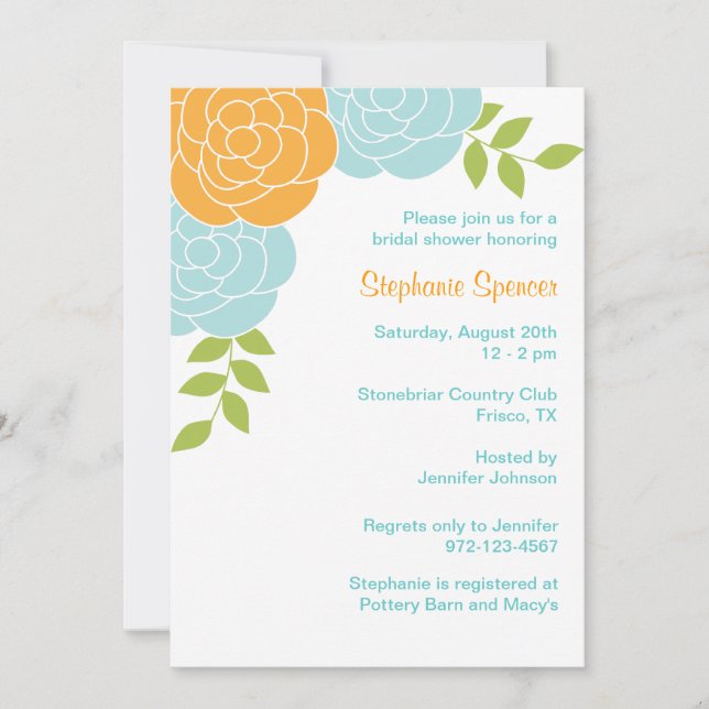 Invitaciones florales azules y Naranjas (Anverso)