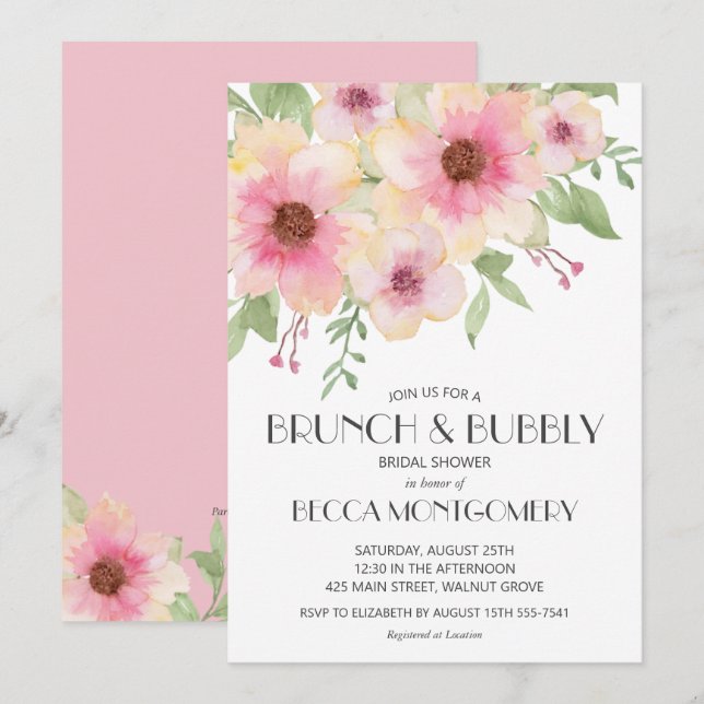 Invitaciones florales de brunch y bubbly Watercolo (Anverso / Reverso)