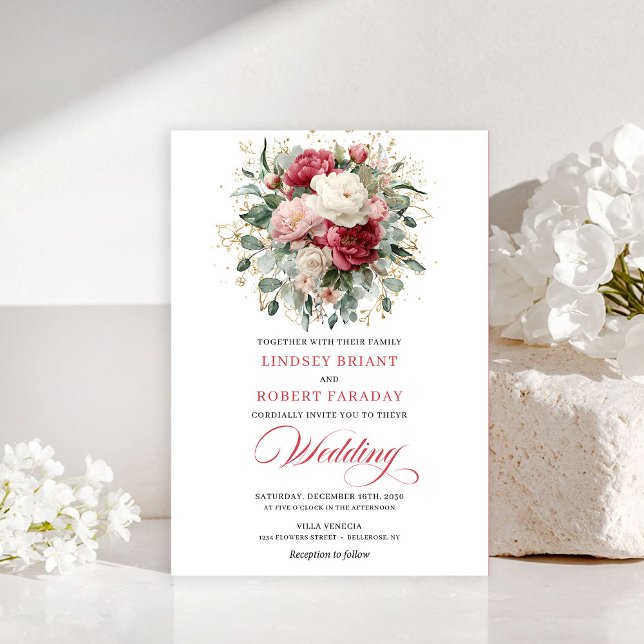 Invitaciones Florales de Verde con Rubor Rojo Bohe (Minimal Bohemian Red Blush Floral Greenery Invitation)