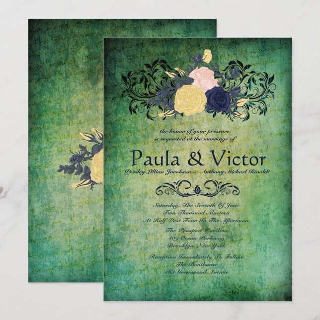 Invitaciones florales esmeralda rústicas de la (Anverso / Reverso)