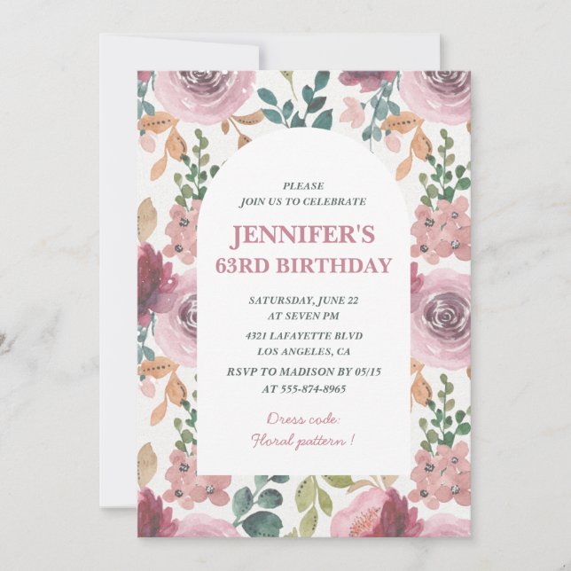 Invitaciones florales para cumpleaños 63 Chic Aqua (Anverso)