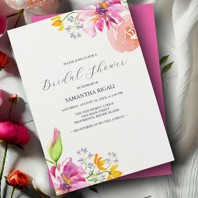 Invitaciones Florales para Despedida de Soltera Vi (Bridal shower invitations vibrant pink watercolor floral art by Victoria Grigaliunas DoTellABelle)