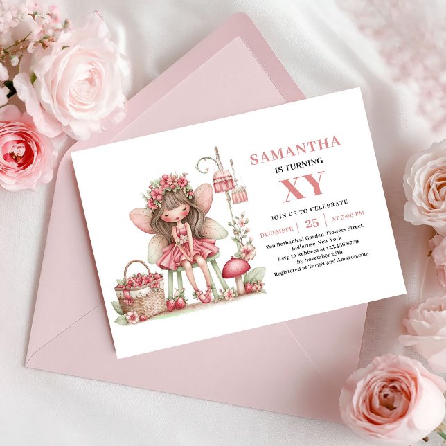 Invitaciones Florales Rosadas para el Quinto Cumpl (Cute Fairy Girl 5th Birthday Floral Pink Invitation)