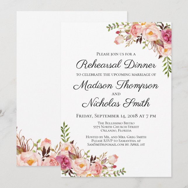 Invitaciones florales rosadas rústicas de la cena (Anverso / Reverso)
