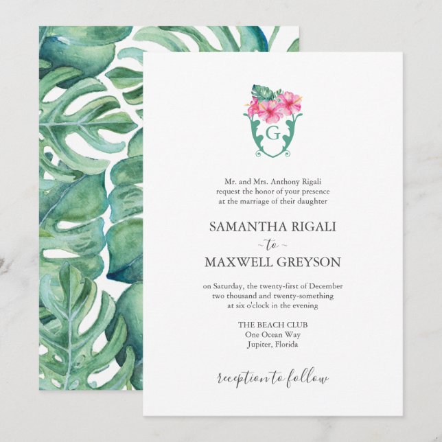 Invitaciones formales a bodas botánicas tropicales (Anverso / Reverso)