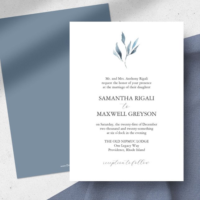 Invitaciones Formales de Boda con Botánica Azul Po (Dusty blue wedding invitations feature unique botanical watercolor art by Victoria Grigaliunas)